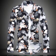 黑底秋款花衬衫大码加肥韩版休闲男士长袖男花衬衫C623-C627p35，男装衬衫，星座1203