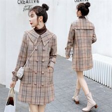 韩版时尚优雅格纹毛呢外套女秋冬季新款显瘦气质双排扣中长款大衣，女装毛呢外套，秋水欣儿
