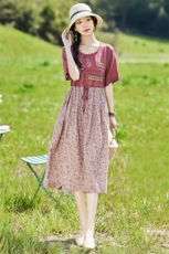 2023夏装新款时尚拼接棉麻连衣裙文艺清新优雅中长款女裙收腰，女装连衣裙，铭街依杨