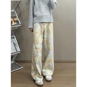 B221 美式ins高街暗黑宽松直筒印花牛仔裤LK25439-特P45控78图片