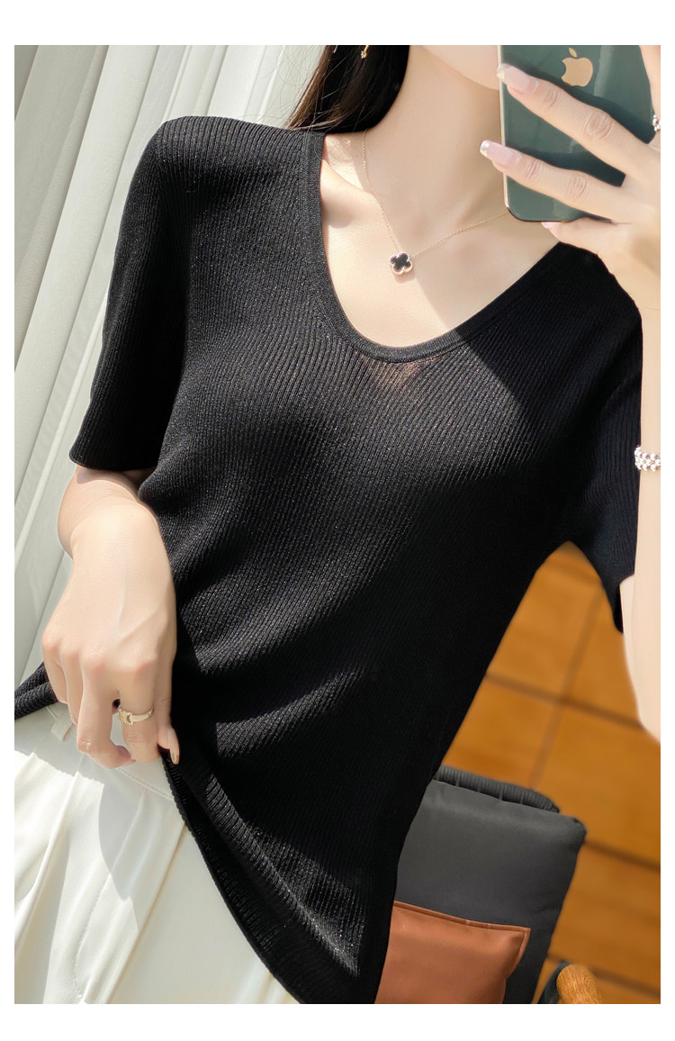 夏季新款精纺针织短袖女撞色条纹Polo领刺绣减龄T恤上衣薄款,女装T恤,九嘉羊绒