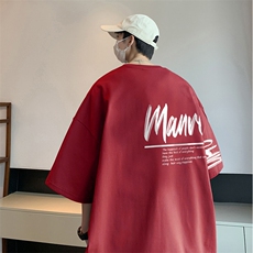 酒红色短袖T恤男夏季美式复古oversize潮流重磅上衣宽松圆领体恤，男装T恤，电商019-1