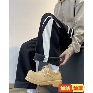 加绒加厚冬款男灯芯绒休闲裤条纹拼色直筒保暖长裤h0060P45