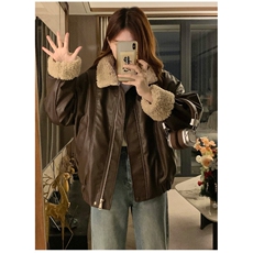 CC691-P135美拉德咖色复古羊羔毛皮衣外套女冬加厚加绒机车服夹克，女装皮衣，星座1611A