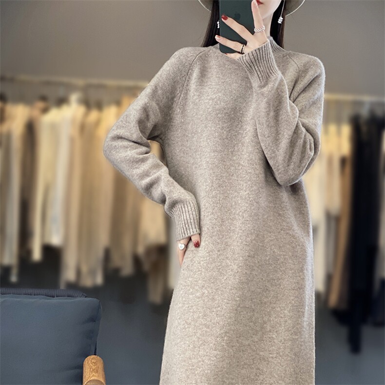 百搭女秋冬羊毛连衣裙简约休闲显瘦长袖针织裙舒适保暖高领毛衣裙,女装连衣裙,暖思雅