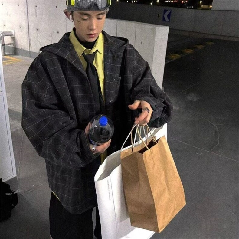 W9503-P65网图现货新款日系复古连帽格子衬衫宽松百搭潮流外套,男装衬衫,星座1608-2
