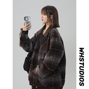 现货 秋冬新款加厚格子翻领夹克PU拼接 225-610-P100 控158图片
