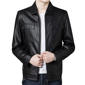 秋季2023新款男士商务休闲中年时尚翻领上衣纯色加绒皮衣外套图片
