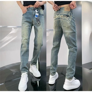 1506-1/KS1011/P46浅蓝潮流时尚字符印花男士修身牛仔裤高品质,格子套装搭配中年图片