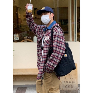 美式复古格纹宽松休闲长袖衬衫男女百搭撞色衬衣外套秋C177,美式复古衬衫穿搭男图片