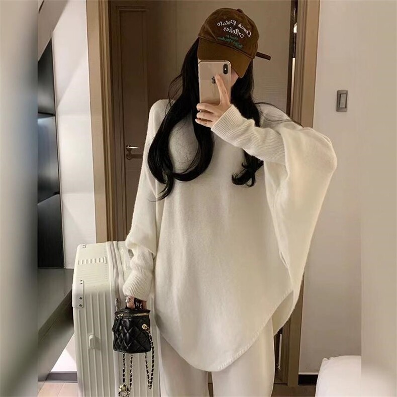 2024年秋季纯色圆领长袖蝙蝠袖不规则套头羊毛针织衫，女装羊毛衫，佳弈羊绒