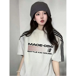 抖音得物品质二开240克宽松纯棉美式潮牌印花三条杠中性风短袖T恤图片