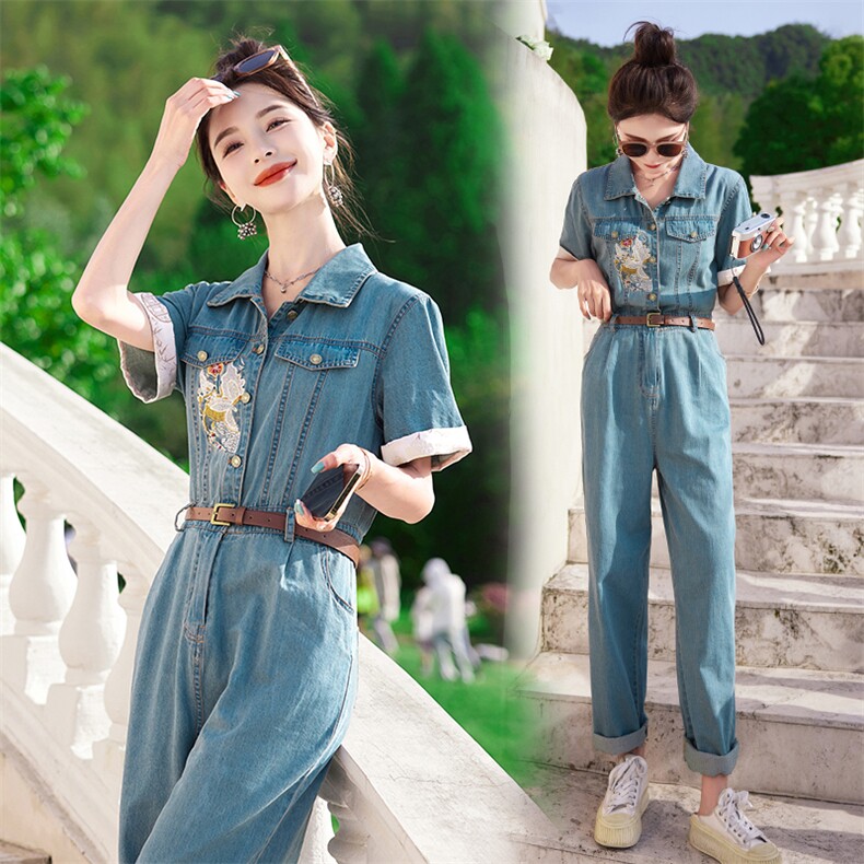 新中式风牛仔连体裤女夏季新款复古刺绣高腰显瘦工装连衣裤，女装牛仔裤，微微衣阁