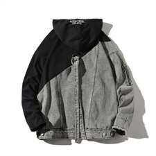 709-JK60-P11520秋款港风白底牛仔拼接印花帽衫潮牌夹克外套男，男装夹克，星座709