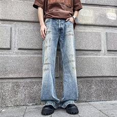 美式复古做旧牛仔裤男春秋高街水洗直筒裤潮牌ins阔腿休闲长裤子，男装牛仔裤，星座1013