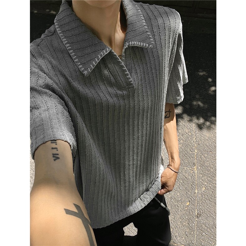 老钱风 贝壳绣花麦穗提花纹路polo衫翻领短袖T恤衫男H1098特P38图片