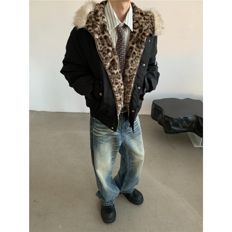 豹纹连帽座山雕毛领棉服男女冬季宽松美式情侣外套MF5036-P105,男装棉衣,星座208-5