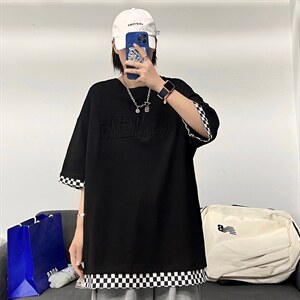 新品短袖港风T恤凹凸印棋盘格i男士宽松ns潮牌TC3108-P28图片