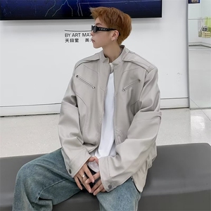 时尚高级感机车皮衣男士宽松小众设计感外套立体廓形潮牌PU皮夹克图片