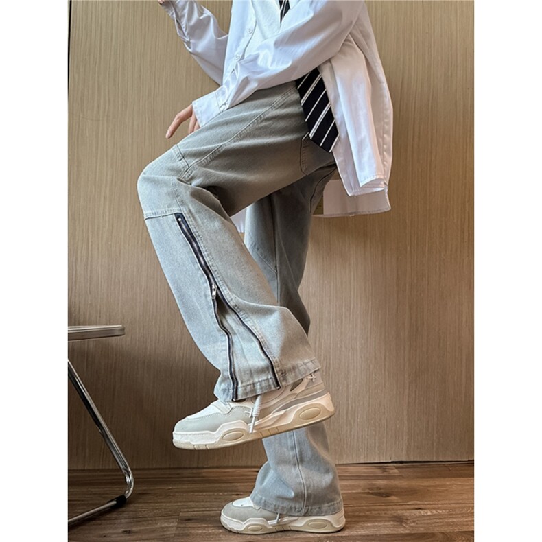 拉链牛仔裤男款高街=做旧裤子春秋季宽松潮牌微喇长裤NZG501,男装牛仔裤,星座516A