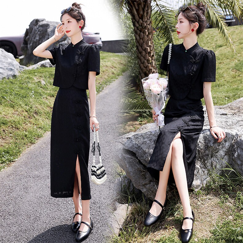 优雅气质黑色旗袍套装女夏装新款时尚显瘦短袖高腰开叉连衣裙两件套，女装套装/套裙，众宇琦