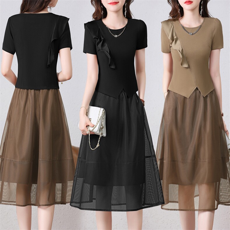 轻熟风欧根纱连衣裙2022夏季新款时尚休闲洋气设计感半身裙两件套，女装套装/套裙，鑫鑫美