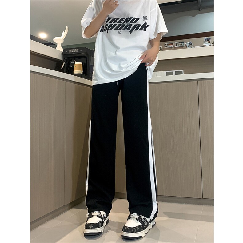 现货品质重磅宽松直筒休闲条纹卫裤男拼接松紧腰阔腿女K915-P50,男装休闲裤,星座205