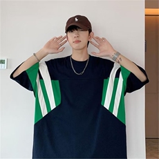 欧美高街t恤原创拼接hiphop棒球短袖男夏季重磅藏青色条纹五分袖，男装T恤，星座1210-1