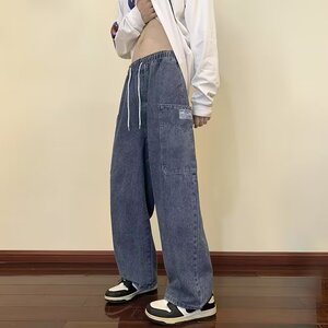 裤子男潮牌牛仔裤男直筒复古宽松工装春秋季阔腿老爹长裤N025-P40,粉色长款大衣休闲搭配什么鞋子图片