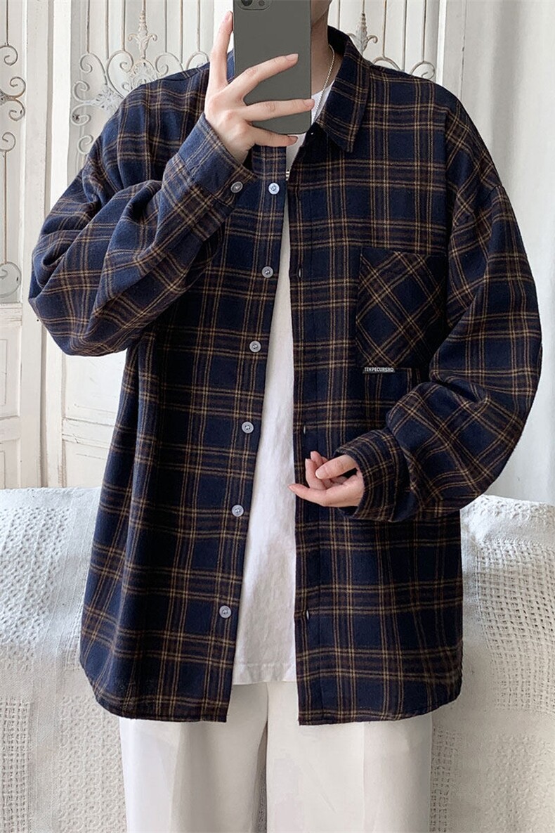 衬衫男2025春季新款港风大码宽松长袖磨毛格子衬衣CS37-P38,男装衬衫,星座214-3