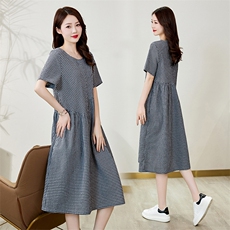 棉麻连衣裙女2024夏季新款大码宽松显瘦中长款格子亚麻短袖裙子，女装连衣裙，罗得堡