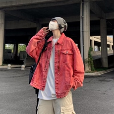 美式高街牛仔外套男韩版潮流拉链红色2025秋冬季ins夹克W5101-P73，男装工装外套，星座412