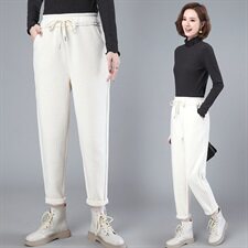 2020冬季新款时尚加厚抽绳松紧腰舒适直筒小脚裤，女装休闲裤，涵誉