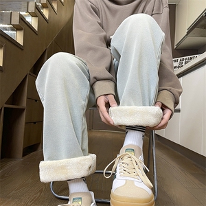 冬季加绒加厚美式高街牛仔裤男修身直筒松紧腰图片