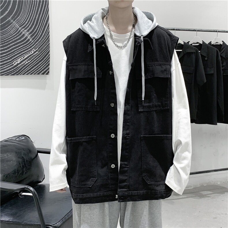 wassuphappy复古牛仔外套男夏季潮牌连帽工装马甲休闲坎肩上衣服,男装背心/马甲,星座116