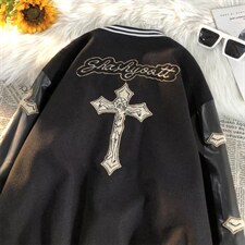 高街美式复古十字架刺绣棒球服男拼皮潮牌休闲夹克外套WT445-P60，男装夹克，星座1008