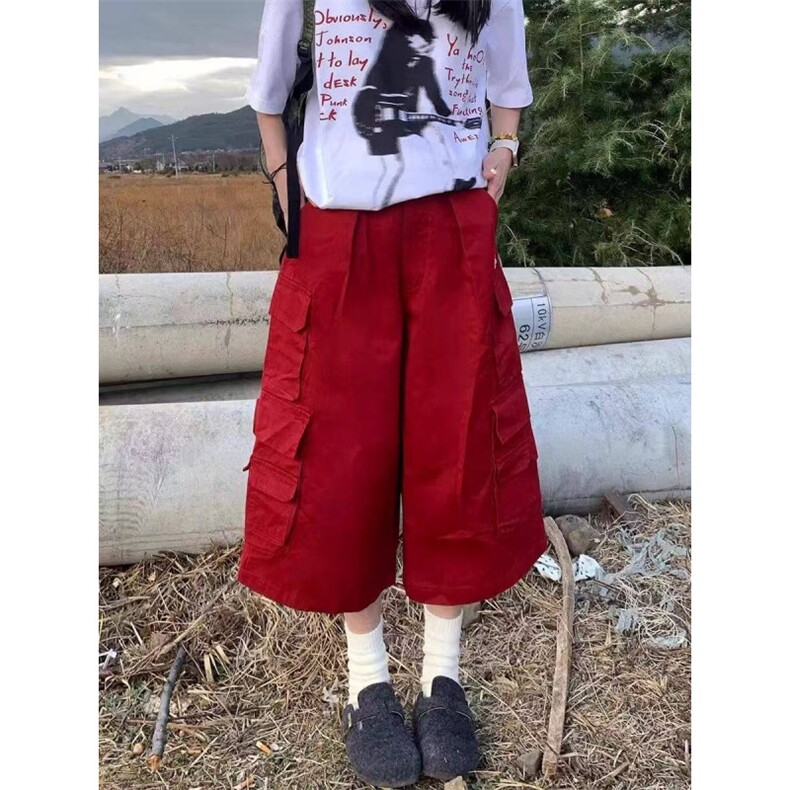 AK2297-P60美式复古红色工装七分牛仔裤夏季新款潮流阔腿裤,女装休闲裤,星座617A-2