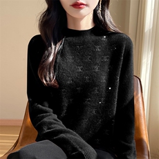 羊毛双C烫钻半高领针织衫打底衫毛衣宽松上衣，女装针织衫/毛衣，春韵羊绒