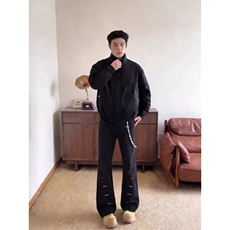 cleanfit刺绣纽扣眼斜切微喇休闲裤男潮牌设计感宽松直筒休闲裤子，男装休闲裤，星座601-1
