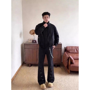 cleanfit刺绣纽扣眼斜切微喇休闲裤男潮牌设计感宽松直筒休闲裤子图片