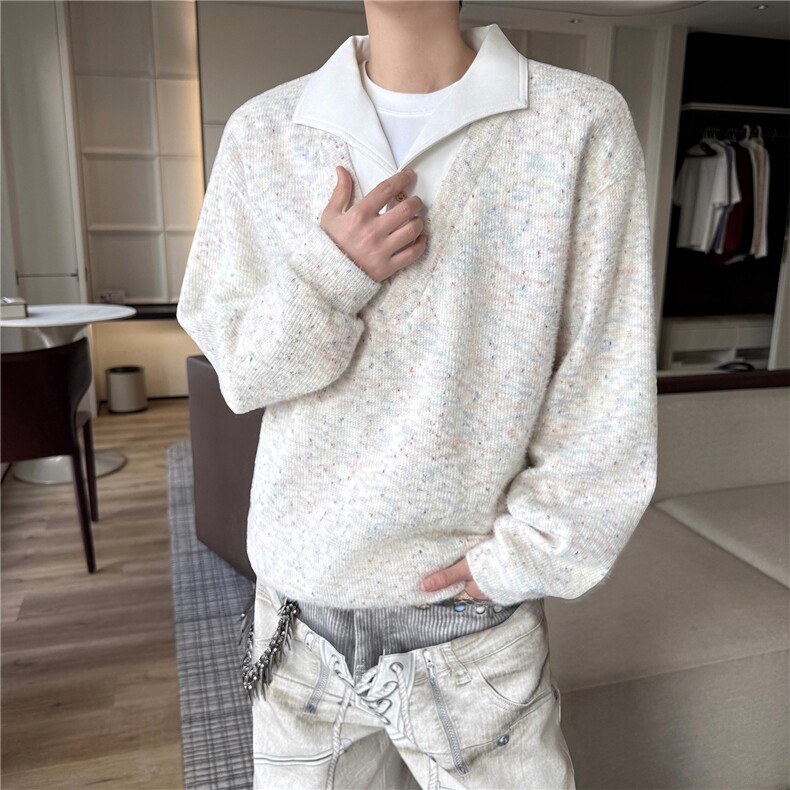 美式男士卫衣慵懒风彩点假两件翻领毛衣外衣宽松休闲针织衫，男装针织衫/毛衣，电商B319