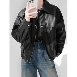 痞帅Pu皮衣小众双拉链垫肩皮夹克男机车服秋冬外套 JW631图片
