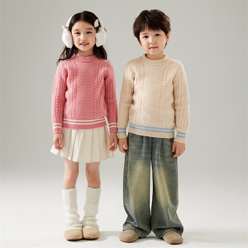 童羊毛加厚绞花学院风针织衫中大童套头毛衣女童半高打底，童装毛衣，初丹羊绒童装