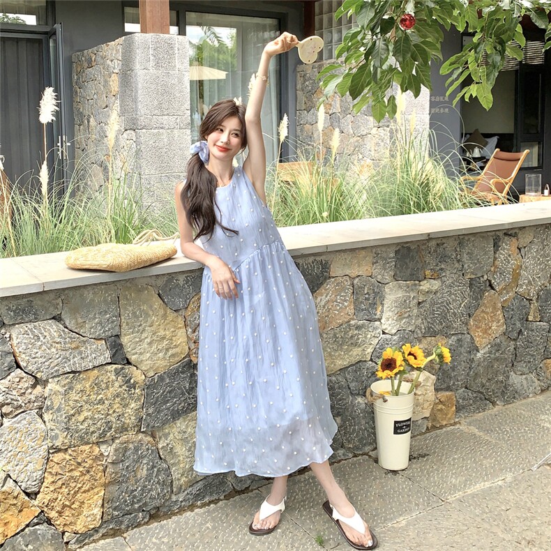 蓝色夏日漂亮连衣裙女2025新款设计感海岛度假风出片绝美漂亮裙子,女装连衣裙,2C201