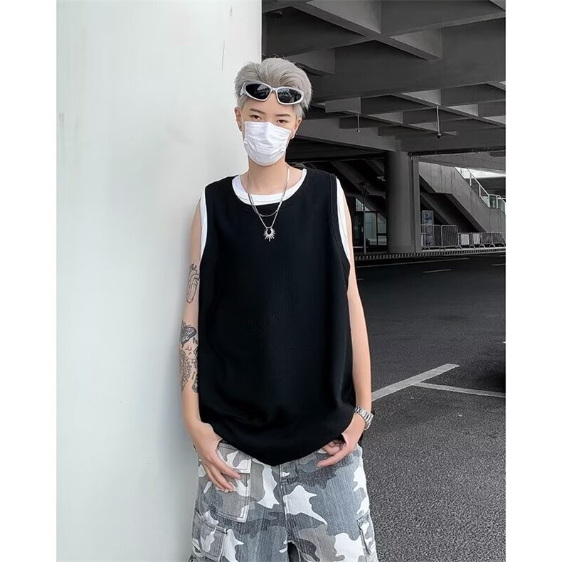 夏季美式宽松无袖t恤潮流痞帅假两件坎肩背心男款 现货T1810-P25图片