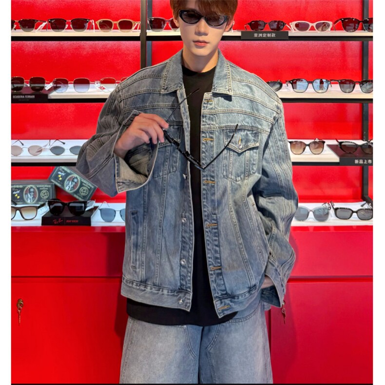高街美式复古水洗做旧牛仔外套2026春秋新款宽松中长款夹克上衣，男装工装外套，星座601-1