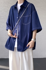 8XL-M冰丝牛仔短袖衬衫男款夏季薄款宽松慵懒衬衣外套DC28006P60，男装T恤，电商B312