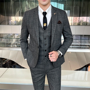 2025新款男士格子商务休闲三件套装西服2217-P220图片