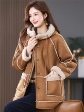 2025冬季时尚简约大方气质优雅显瘦休闲百搭潮流皮毛一体外套，女装羊羔毛/颗粒绒，独衣靓