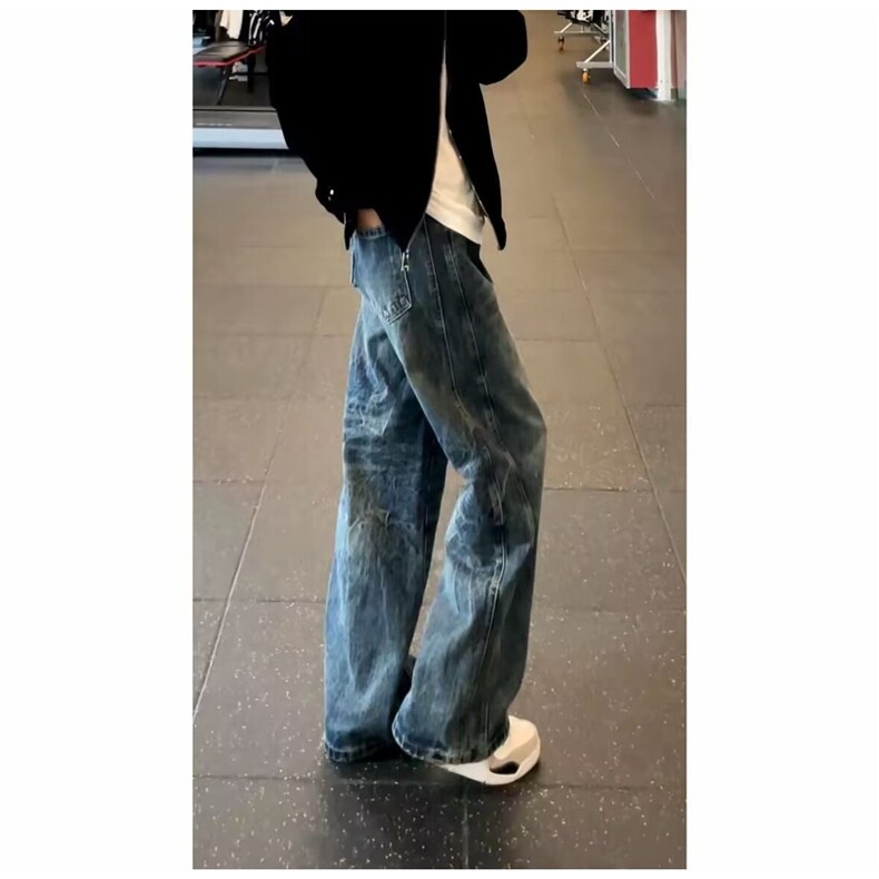 复古解构弯刀牛仔裤女秋冬新款美式宽松阔腿廓形拖地裤子AN450,男装牛仔裤,星座516A